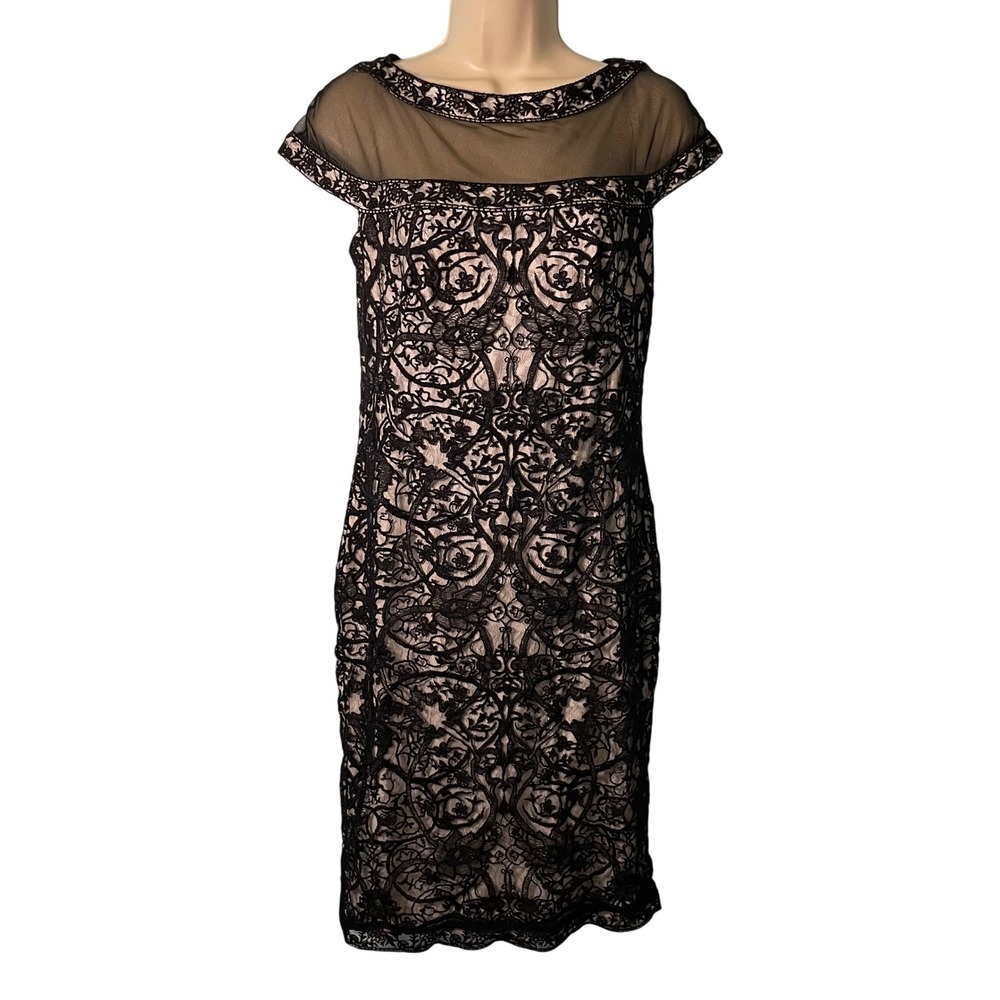 Tadashi Shoji Lace‎ Cocktail Dress Illusion Mesh Cap Sleeve Black Ivory Size 6
